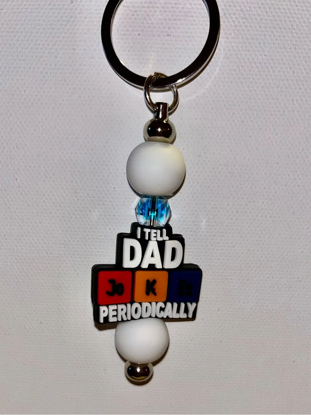 ‘I Tell Dad Jokes Periodically’ Keychain w/ Multicolor Charm & White & Blue Bead